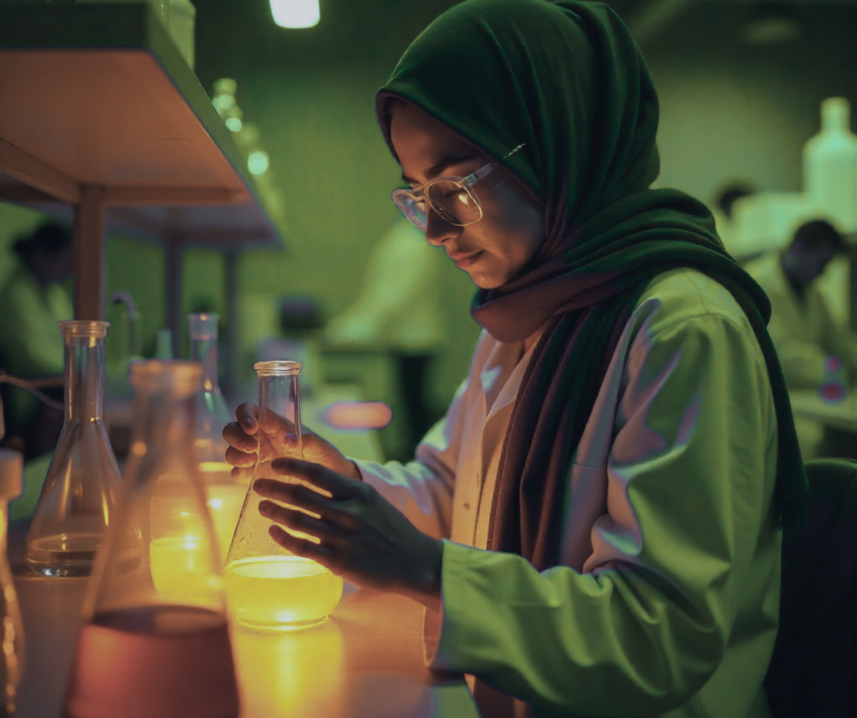 Young teen girl learning in a science lab with bright liquids in flasks